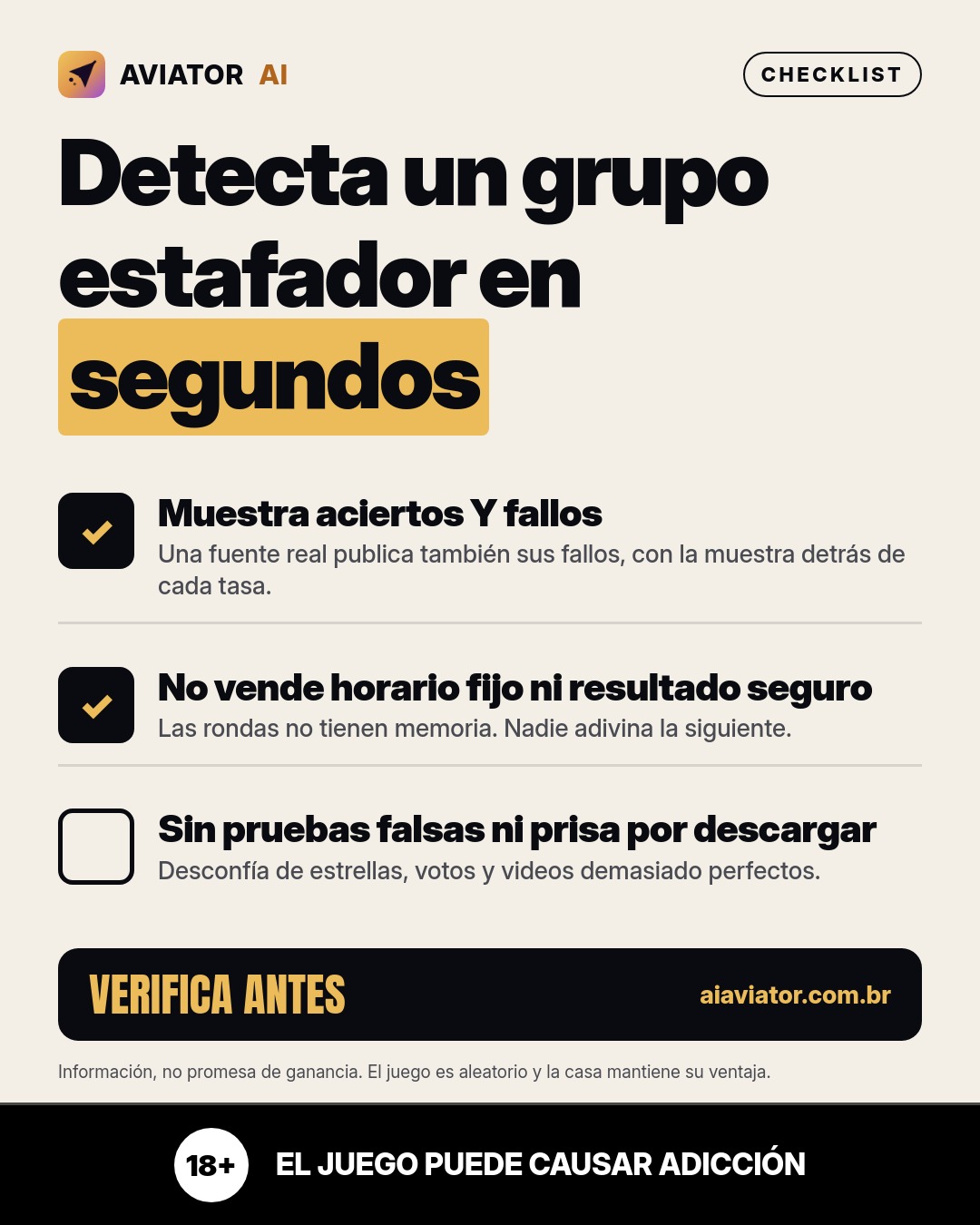 Lámina del consejo del día en Español: Reconoce un grupo estafador en segundos: tres señales antes de confiar