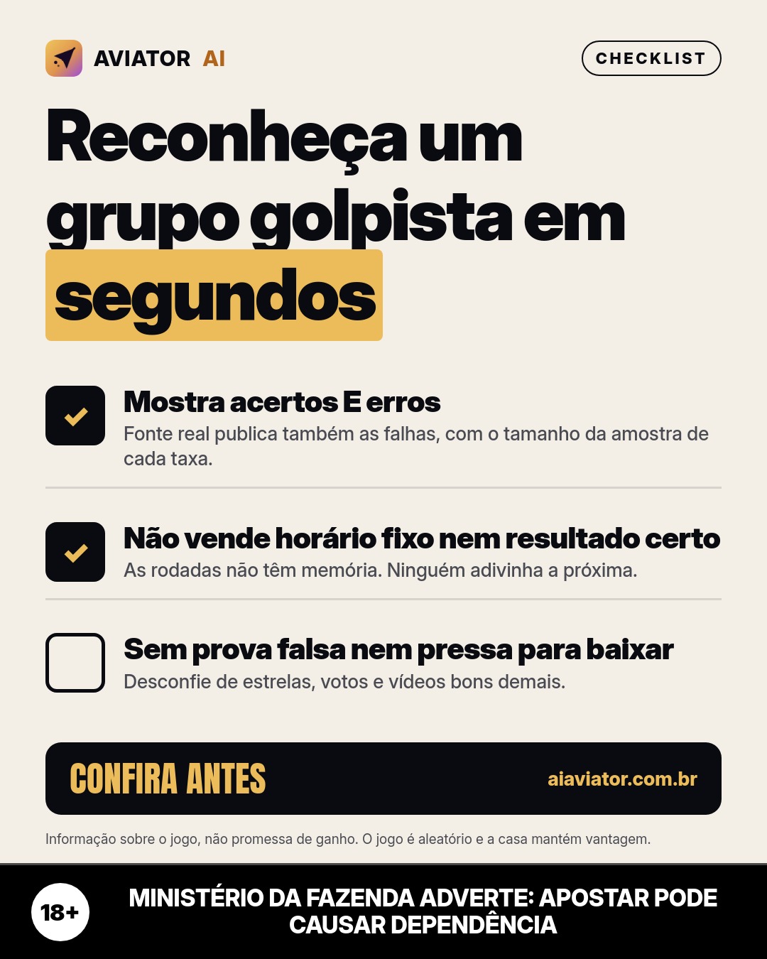 Lámina del consejo del día en Português: Reconoce un grupo estafador en segundos: tres señales antes de confiar