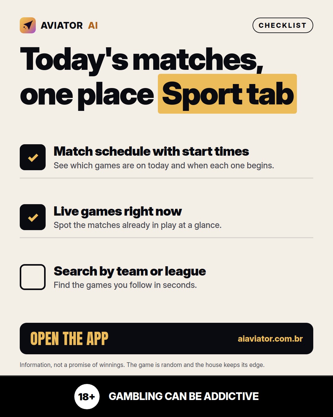 Tip of the day slide in English: Today's games, in one place: the Sports Tab in Aviator AI