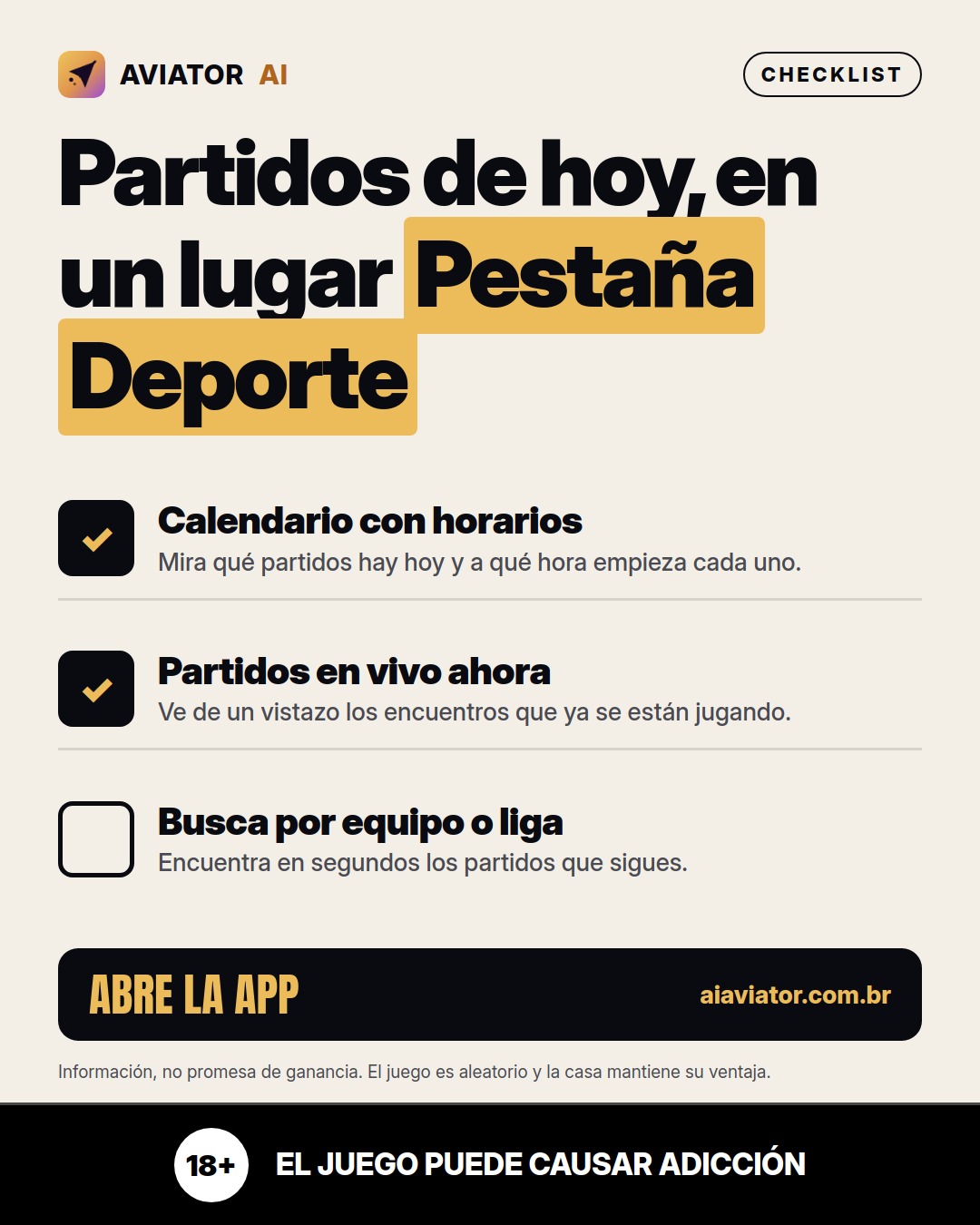 Tip of the day slide in Español: Today's games, in one place: the Sports Tab in Aviator AI