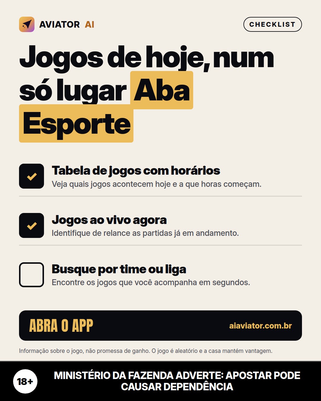 Tip of the day slide in Português: Today's games, in one place: the Sports Tab in Aviator AI