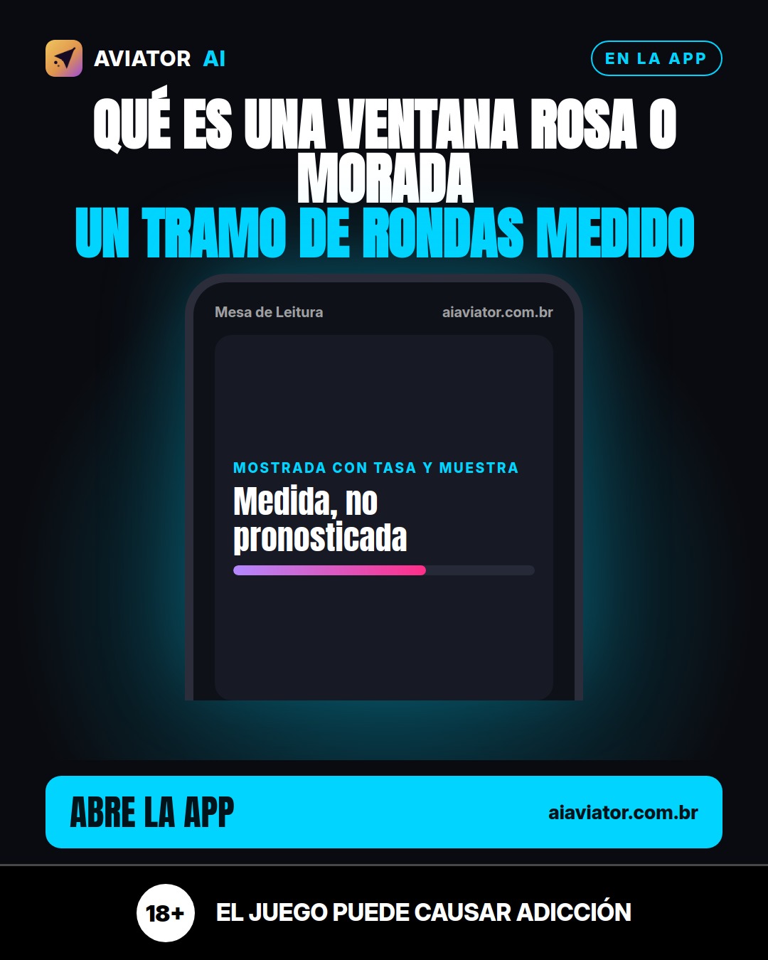 Lámina del consejo del día en Español: Qué es una ventana rosa o morada en Aviator AI: tramo medido, con tasa y muestra